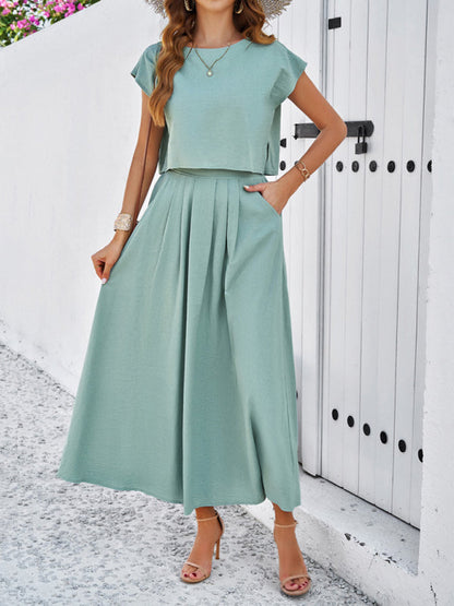 Skirt Set- Vacay Classic 2-Piece Summer Outfit - Cap Sleeve Blouse & Flare Skirt- - IndioGear Fashion and Gear