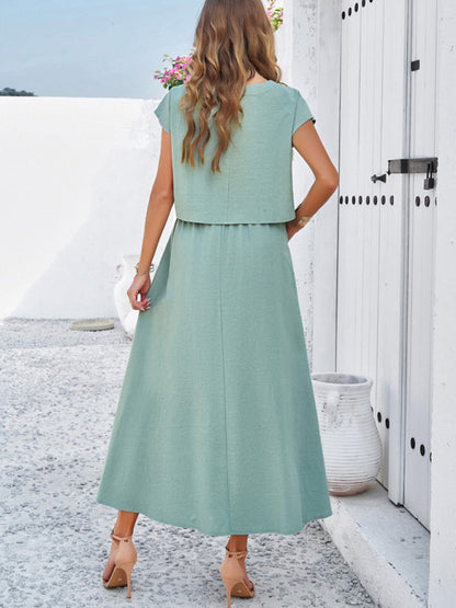 Skirt Set- Vacay Classic 2-Piece Summer Outfit - Cap Sleeve Blouse & Flare Skirt- - IndioGear Fashion and Gear