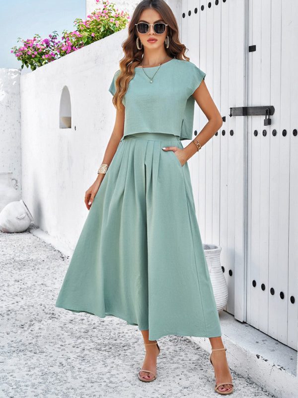 Skirt Set- Vacay Classic 2-Piece Summer Outfit - Cap Sleeve Blouse & Flare Skirt- - IndioGear Fashion and Gear