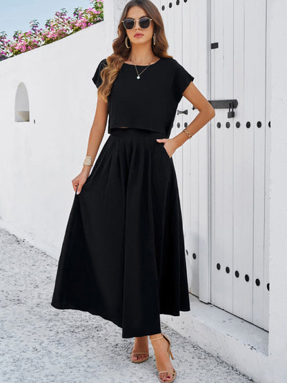 Skirt Set- Vacay Classic 2-Piece Summer Outfit - Cap Sleeve Blouse & Flare Skirt- - IndioGear Fashion and Gear