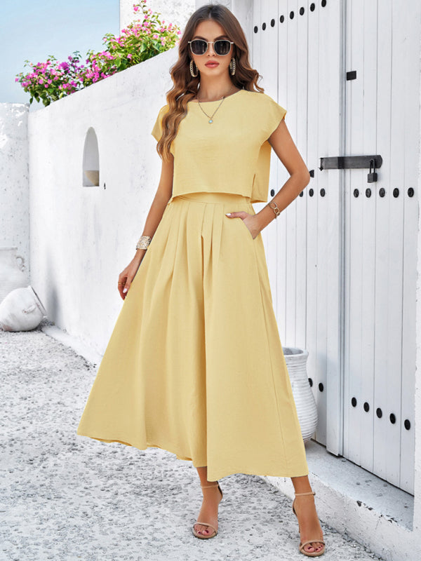 Skirt Set- Vacay Classic 2-Piece Summer Outfit - Cap Sleeve Blouse & Flare Skirt- - IndioGear Fashion and Gear