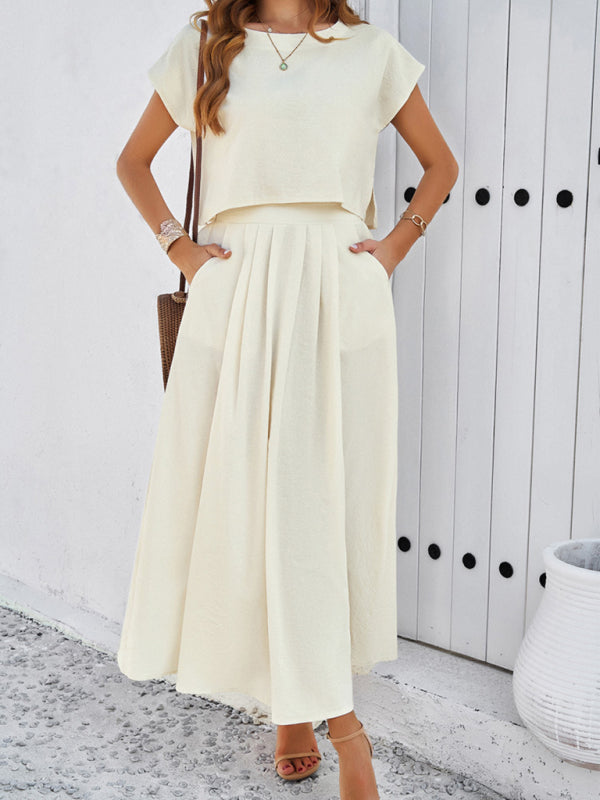 Skirt Set- Vacay Classic 2-Piece Summer Outfit - Cap Sleeve Blouse & Flare Skirt- Cream- IndioGear Fashion and Gear