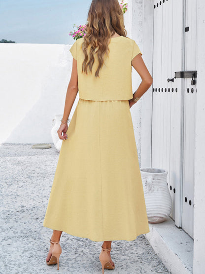 Skirt Set- Vacay Classic 2-Piece Summer Outfit - Cap Sleeve Blouse & Flare Skirt- - IndioGear Fashion and Gear