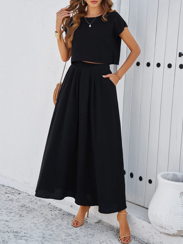 Skirt Set- Vacay Classic 2-Piece Summer Outfit - Cap Sleeve Blouse & Flare Skirt- Black- IndioGear Fashion and Gear