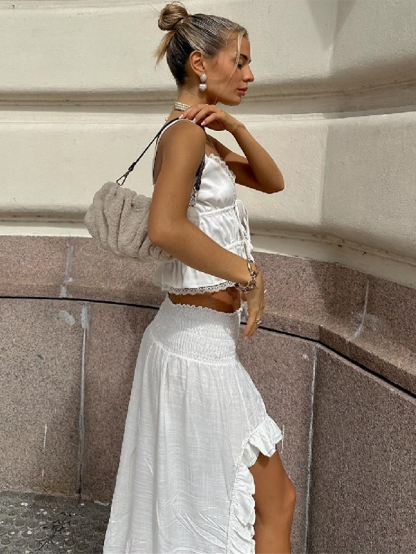 Skirt Set- Women's White Lace-Up Crop Top & High-Low Maxi Skirt Set- - IndioGear.com