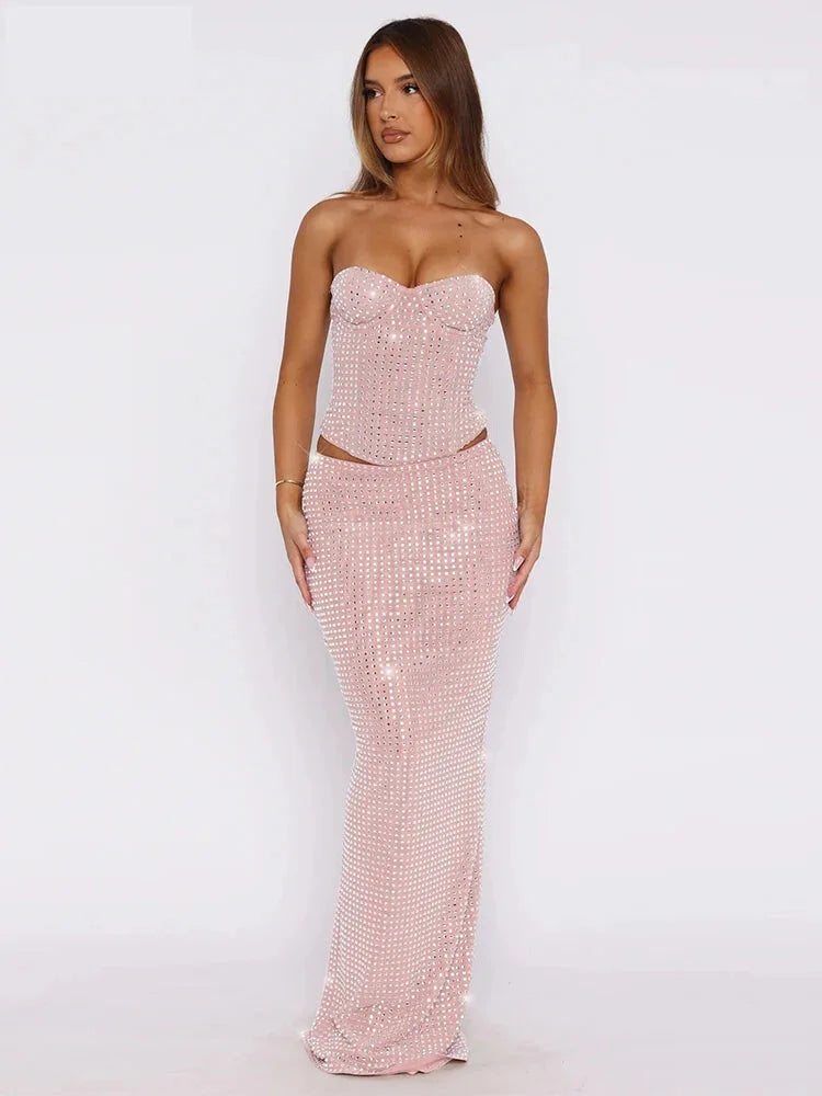 Skirt Sets- Elegant Sequin Gala Dress Sparkle Bustier Top & Maxi Skirt- - IndioGear Women Clothing