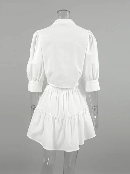 Skirt Sets- Elegant White Two-Piece Flouncy Skirt Set with Puff Blouse- - Chuzko Women Clothing