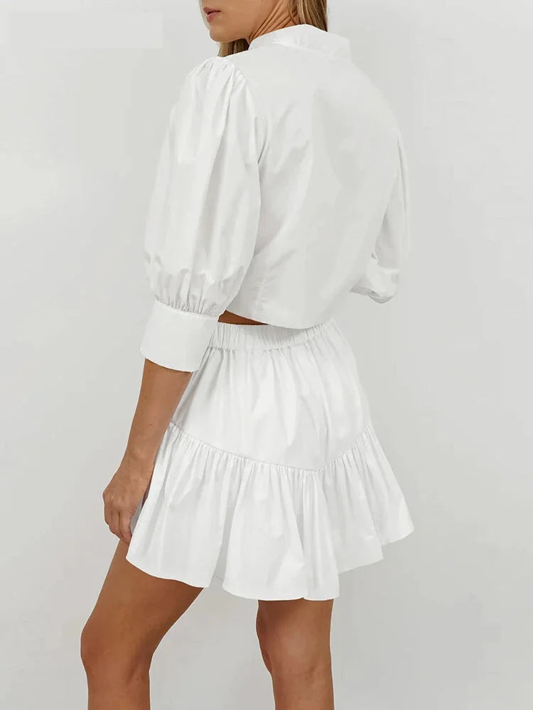 Skirt Sets- Elegant White Two-Piece Flouncy Skirt Set with Puff Blouse- - Chuzko Women Clothing