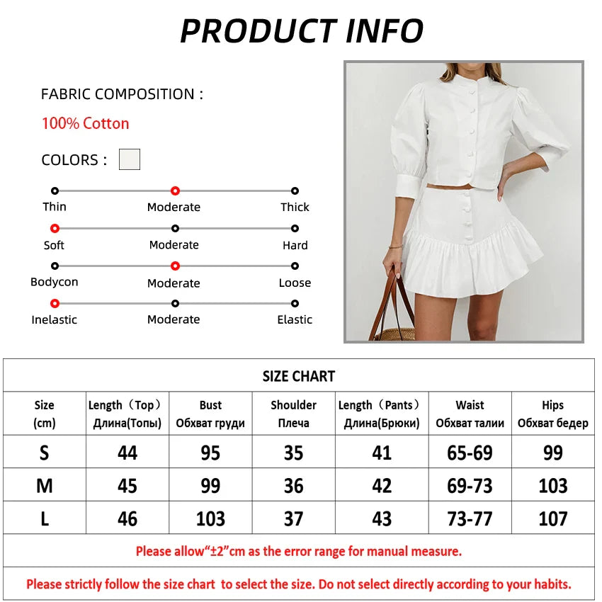 Skirt Sets- Elegant White Two-Piece Flouncy Skirt Set with Puff Blouse- - Chuzko Women Clothing