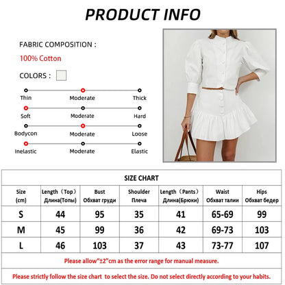 Skirt Sets- Elegant White Two-Piece Flouncy Skirt Set with Puff Blouse- - Chuzko Women Clothing