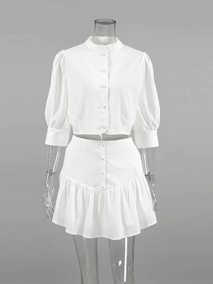 Skirt Sets- Elegant White Two-Piece Flouncy Skirt Set with Puff Blouse- White- Chuzko Women Clothing