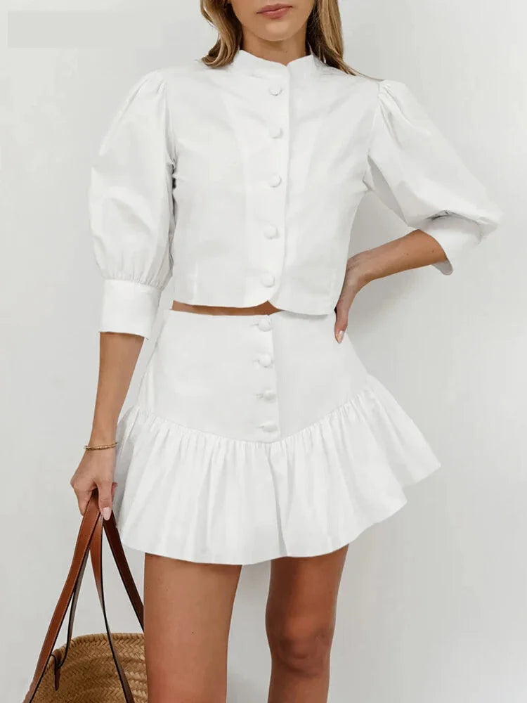 Skirt Sets- Elegant White Two-Piece Flouncy Skirt Set with Puff Blouse- - Chuzko Women Clothing