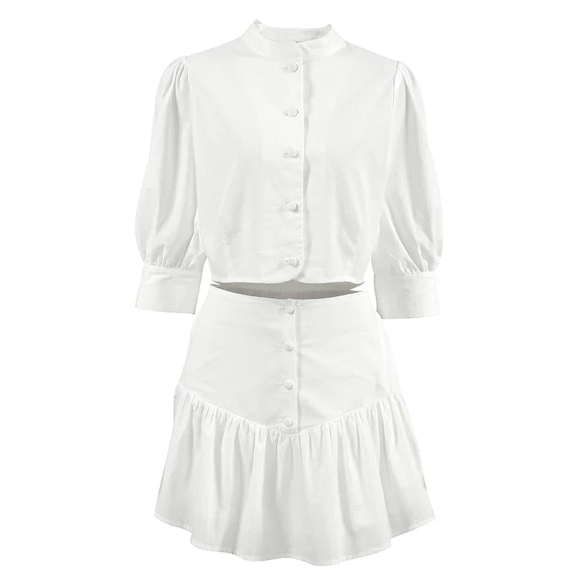 Skirt Sets- Elegant White Two-Piece Flouncy Skirt Set with Puff Blouse- - Chuzko Women Clothing