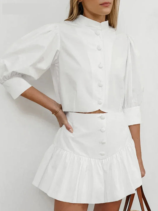 Skirt Sets- Elegant White Two-Piece Flouncy Skirt Set with Puff Blouse- - Chuzko Women Clothing