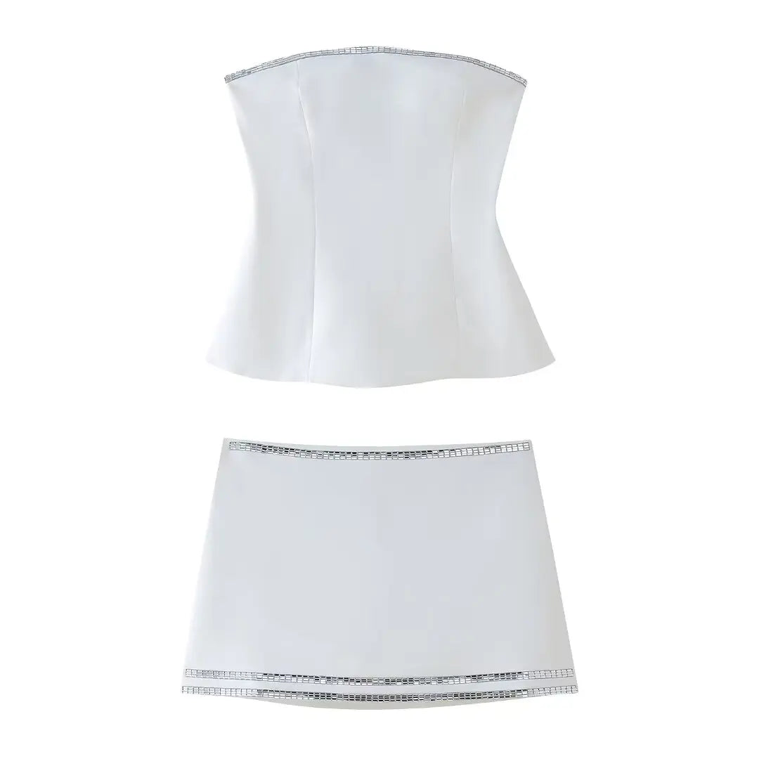 Skirt Sets- Sparkle Tube Bodycon Skirt Set with Built-in Shorts- White- IndioGear.com