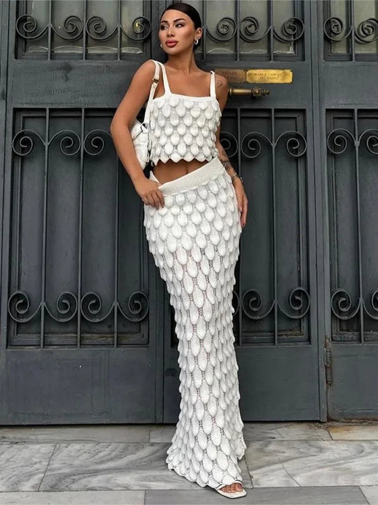 Skirt Sets- Women Boho Crochet Crop Top and Maxi Skirt Set- - IndioGear.com