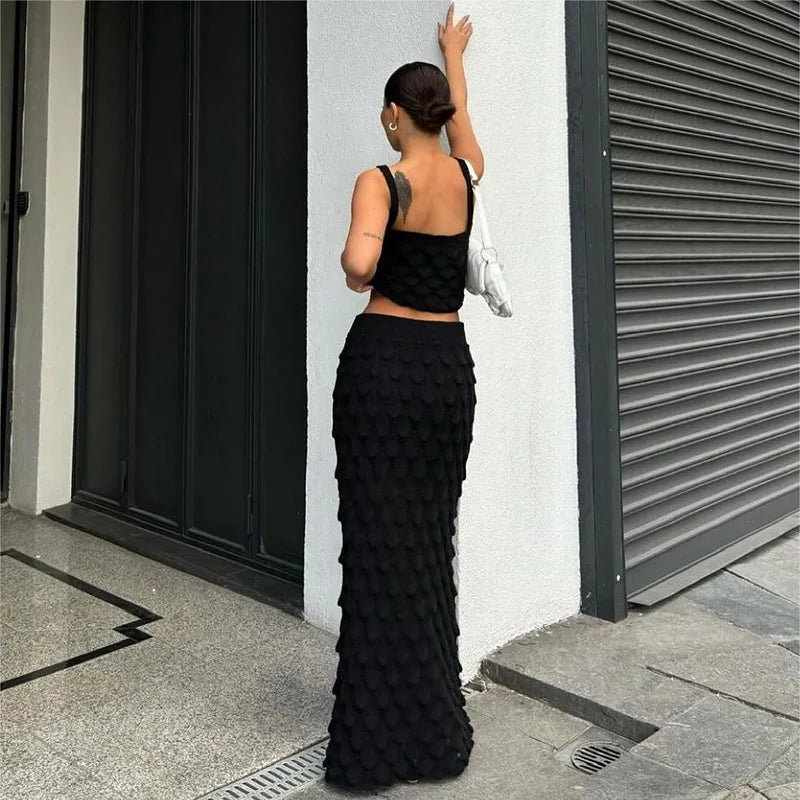 Skirt Sets- Women Boho Crochet Crop Top and Maxi Skirt Set- - IndioGear.com