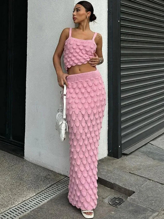 Skirt Sets- Women Boho Crochet Crop Top and Maxi Skirt Set- - IndioGear.com