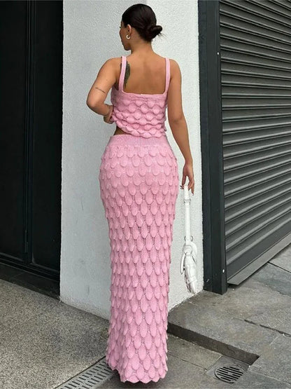 Skirt Sets- Women Boho Crochet Crop Top and Maxi Skirt Set- - IndioGear.com