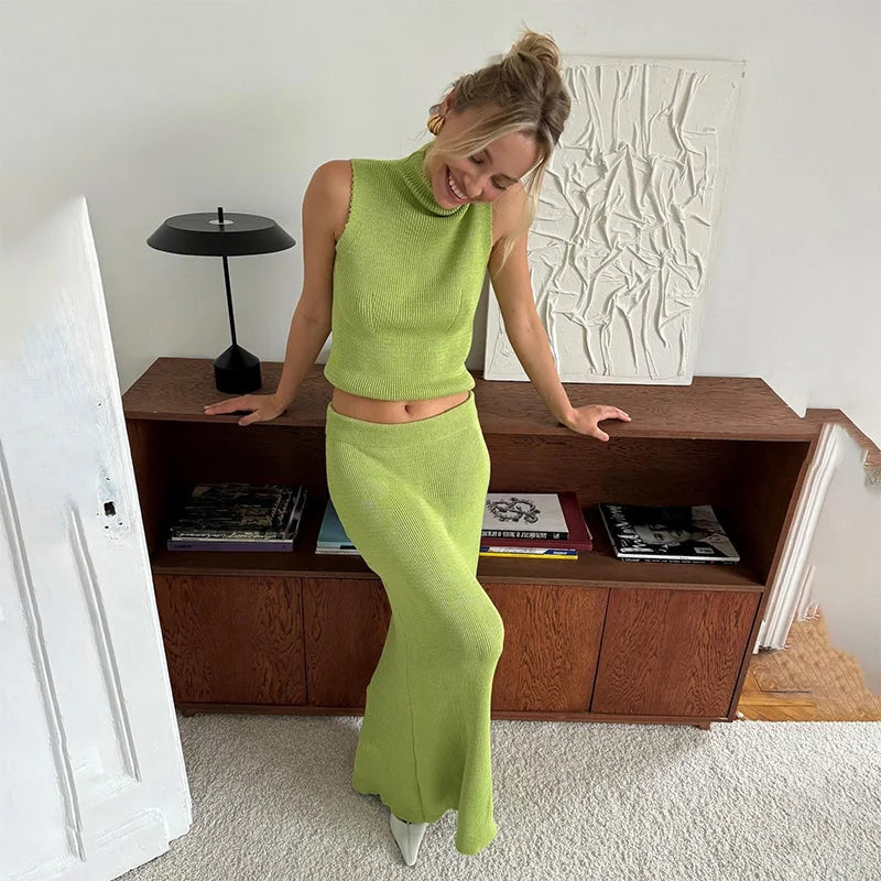 Skirt Sets- Women Fold-over Yellow Crop Top & Skirt Set Knitwear- Green- IndioGear.com