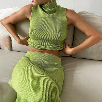 Skirt Sets- Women Fold-over Yellow Crop Top & Skirt Set Knitwear- - IndioGear.com