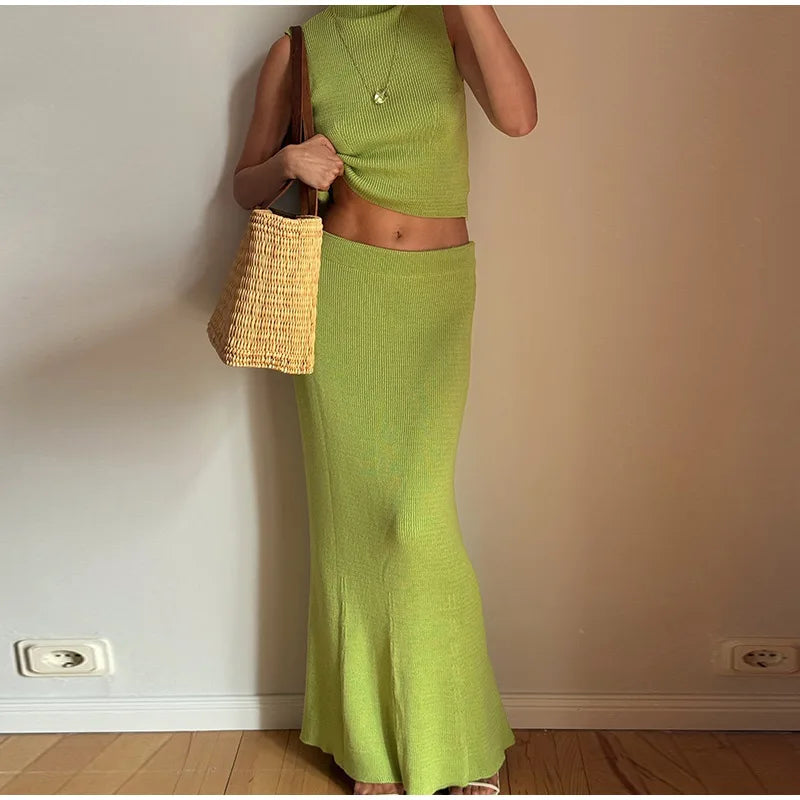 Skirt Sets- Women Fold-over Yellow Crop Top & Skirt Set Knitwear- - IndioGear.com