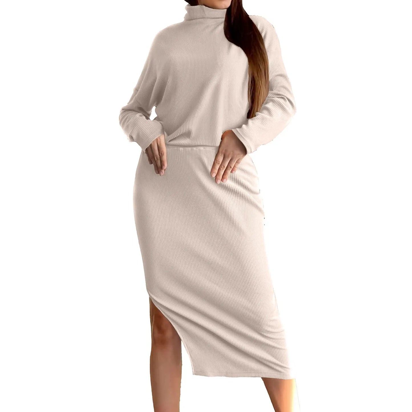 Skirt & Top Matching Set- Loose Rib Knit Skirts + Sweaters Matching Set Outfit – Casual Outfit- Beige- IndioGear.com