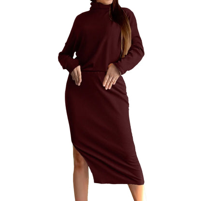 Skirt & Top Matching Set- Loose Rib Knit Skirts + Sweaters Matching Set Outfit – Casual Outfit- Wine- IndioGear.com