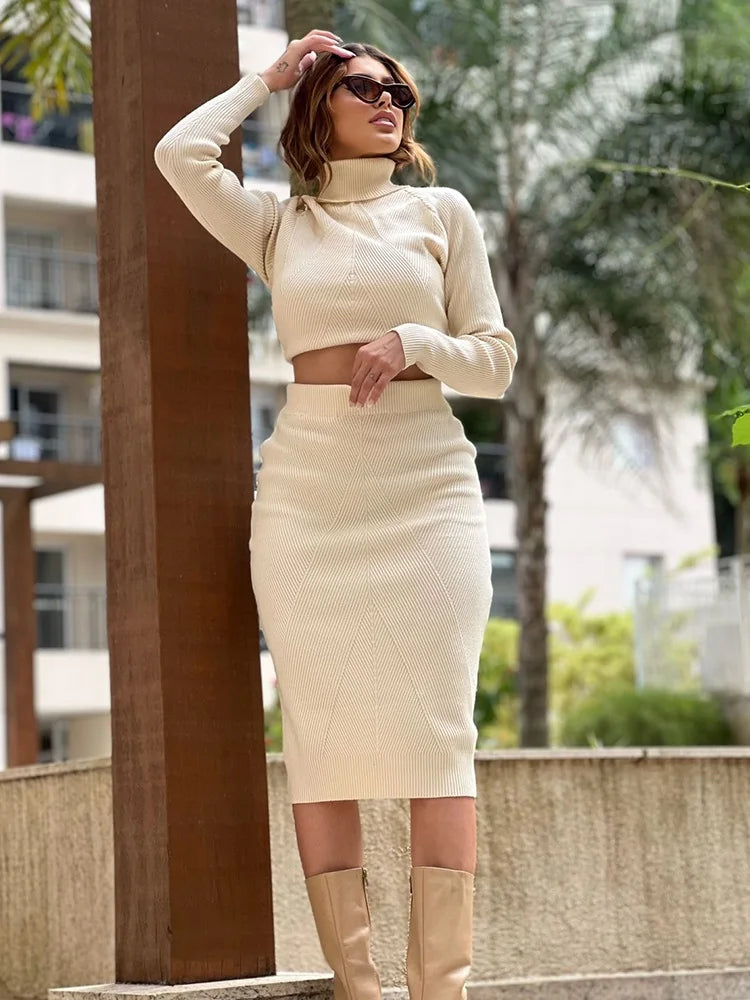 Skirt and Top Matching Sets- Cable Knit Skirt and Top Matching Set for Women- - IndioGear.com