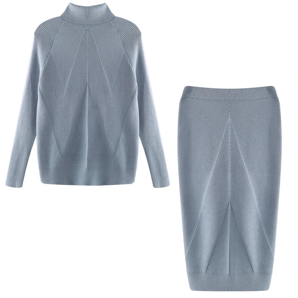 Skirt and Top Matching Sets- Cable Knit Skirt and Top Matching Set for Women- Gray Blue- IndioGear.com