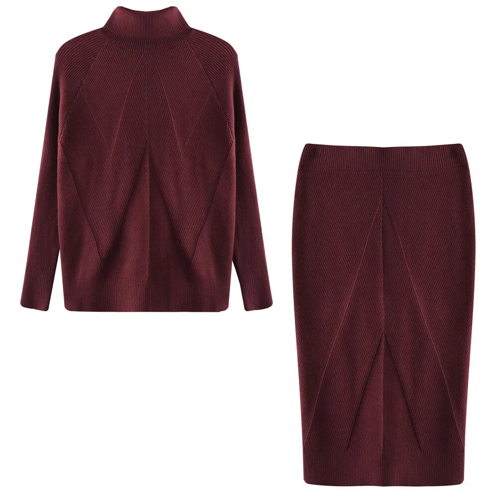 Skirt and Top Matching Sets- Cable Knit Skirt and Top Matching Set for Women- Burgundy- IndioGear.com