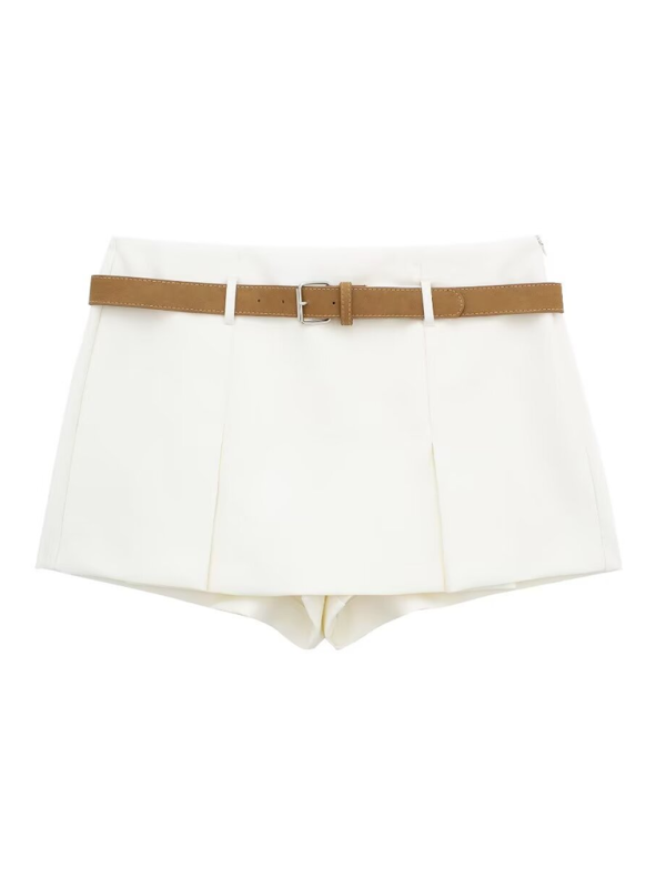 Skirts- Belted Shorts Skirt- Cream- IndioGear.com