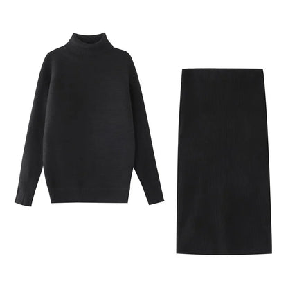 Skirts Outfit Sets- Knit Midi Skirts + Sweater Tops Outfit Matching Set - Professional- black- IndioGear.com