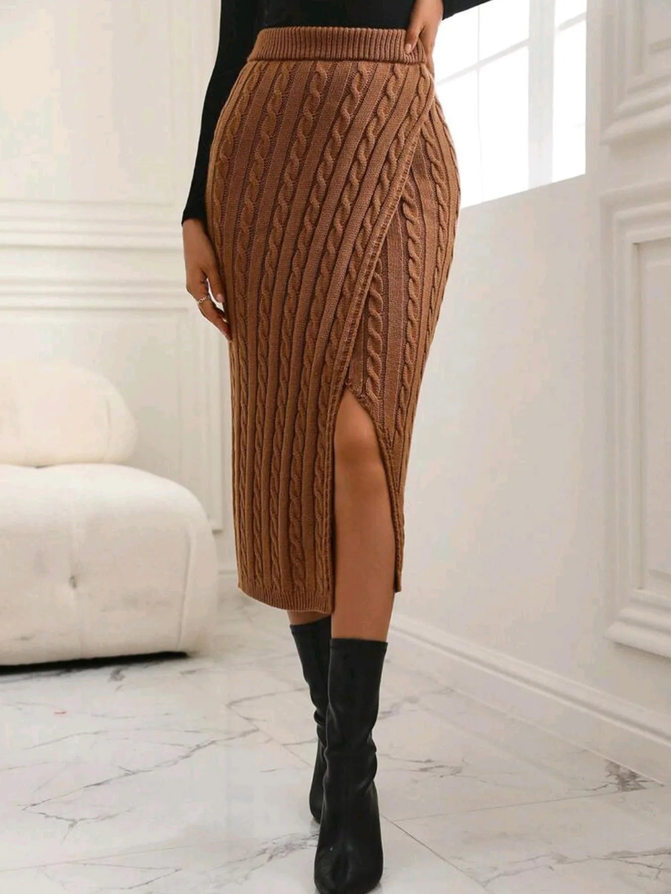 Skirts- Winter Knit Pencil Slit Skirt- Brown Patina- IndioGear.com