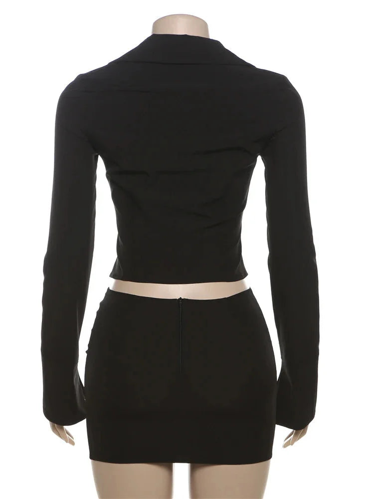 Skirts set- Zip-Up Collared Crop Top and Skirt Set for Urban Nights- - IndioGear.com