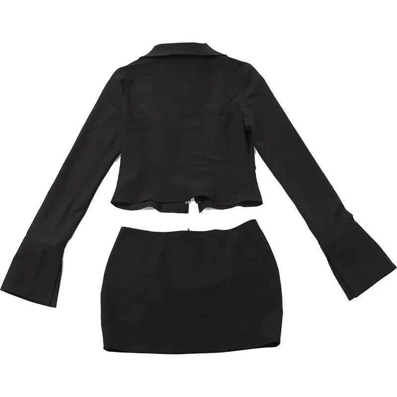 Skirts set- Zip-Up Collared Crop Top and Skirt Set for Urban Nights- - IndioGear.com