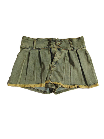 Skorts- Frayed Denim Skort Fringe Mini Skirt with Shorts- - IndioGear Women Clothing