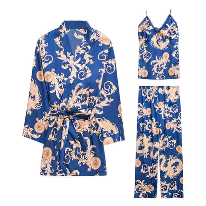 Sleepwear- 3-Piece Satin Sleepwear Set for Luxury Sleep- - IndioGear Women Clothing