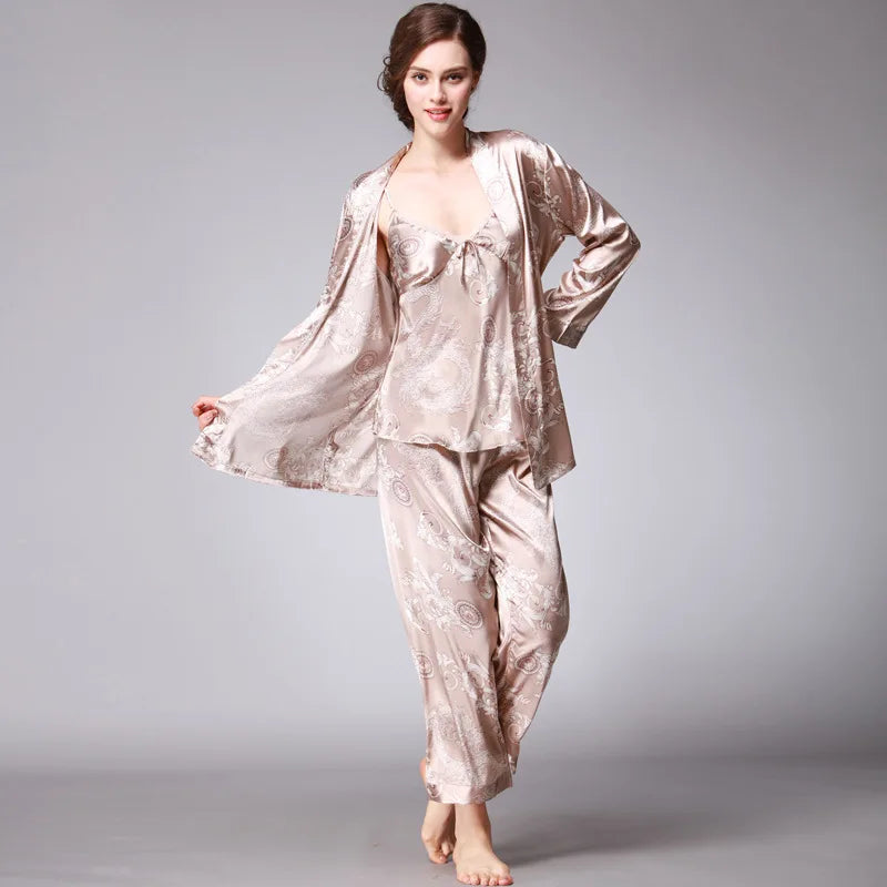 Sleepwear- 3-Piece Satin Sleepwear Set for Luxury Sleep- - IndioGear Women Clothing