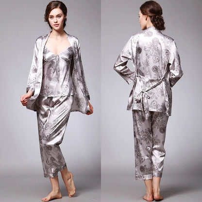 Sleepwear- 3-Piece Satin Sleepwear Set for Luxury Sleep- Gray- IndioGear Women Clothing