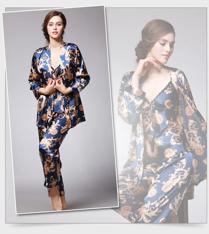 Sleepwear- 3-Piece Satin Sleepwear Set for Luxury Sleep- - IndioGear Women Clothing