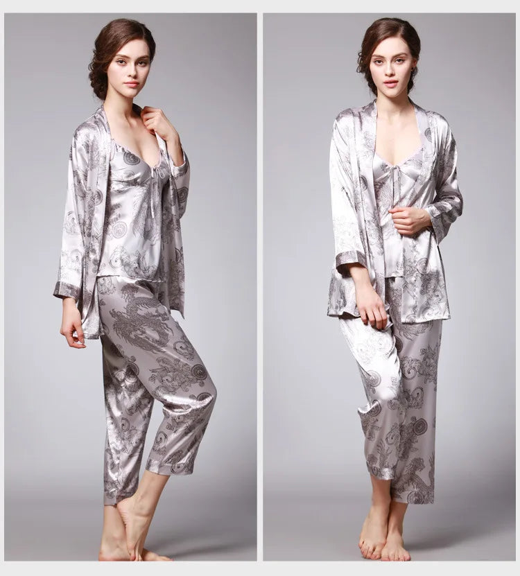 Sleepwear- 3-Piece Satin Sleepwear Set for Luxury Sleep- - IndioGear Women Clothing