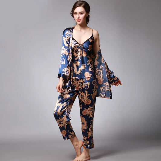 Sleepwear- 3-Piece Satin Sleepwear Set for Luxury Sleep- - IndioGear Women Clothing