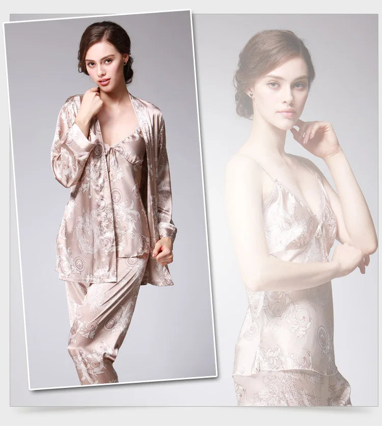 Sleepwear- 3-Piece Satin Sleepwear Set for Luxury Sleep- - IndioGear Women Clothing