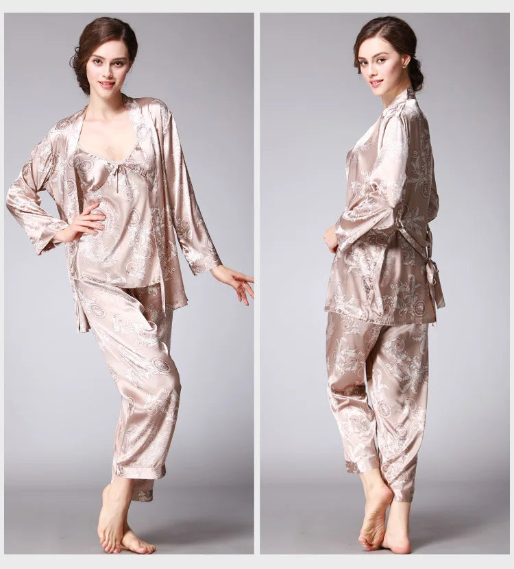 Sleepwear- 3-Piece Satin Sleepwear Set for Luxury Sleep- - IndioGear Women Clothing