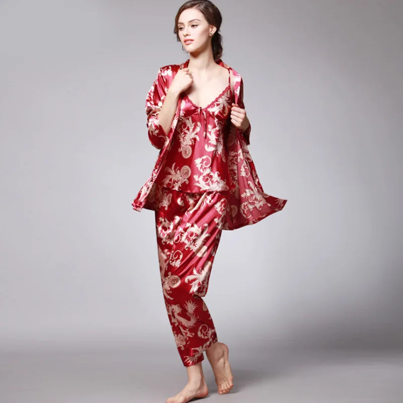 Sleepwear- 3-Piece Satin Sleepwear Set for Luxury Sleep- - IndioGear Women Clothing