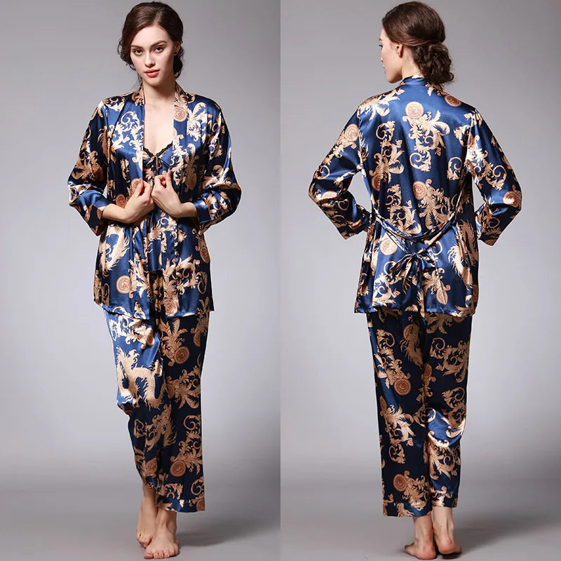 Sleepwear- 3-Piece Satin Sleepwear Set for Luxury Sleep- Navy- IndioGear Women Clothing