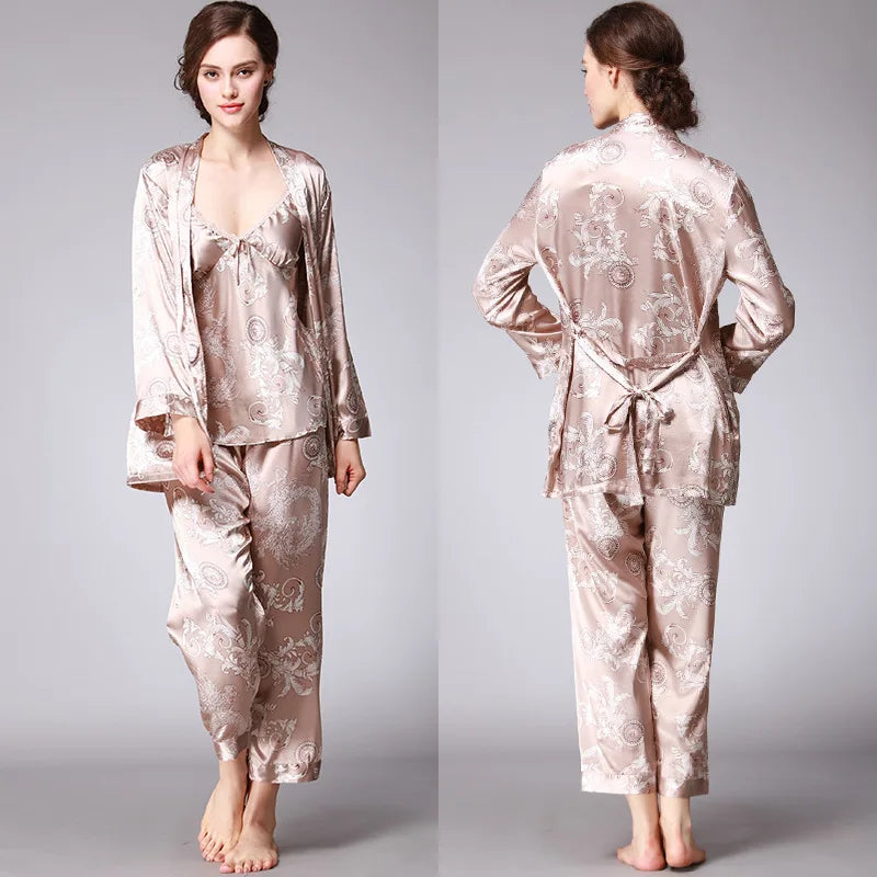 Sleepwear- 3-Piece Satin Sleepwear Set for Luxury Sleep- Champagne- IndioGear Women Clothing