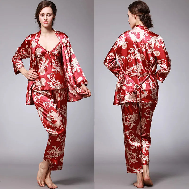 Sleepwear- 3-Piece Satin Sleepwear Set for Luxury Sleep- Red- IndioGear Women Clothing