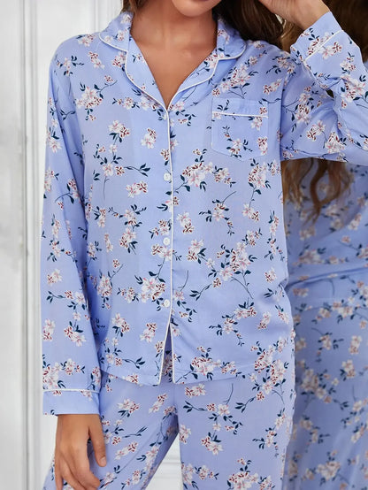 Sleepwear- Blue Blossom Full-Length PJ’s Set – Floral Print- - IndioGear Women Clothing